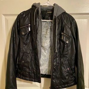 Faux leather jacket with removable hood
